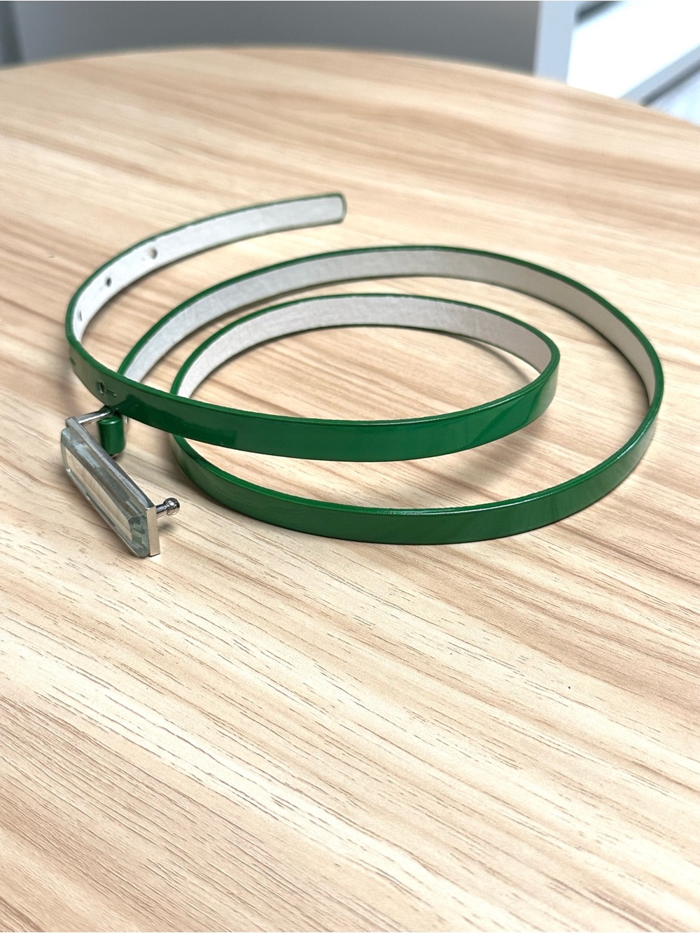 Green Skinny Belt with Facetted Mirror Buckle